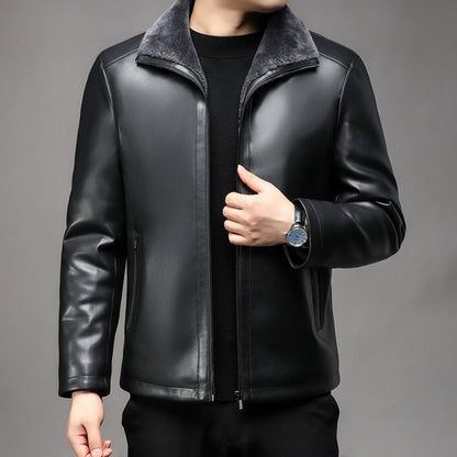 Old Money Thickened Fur Collar Leather Jacket